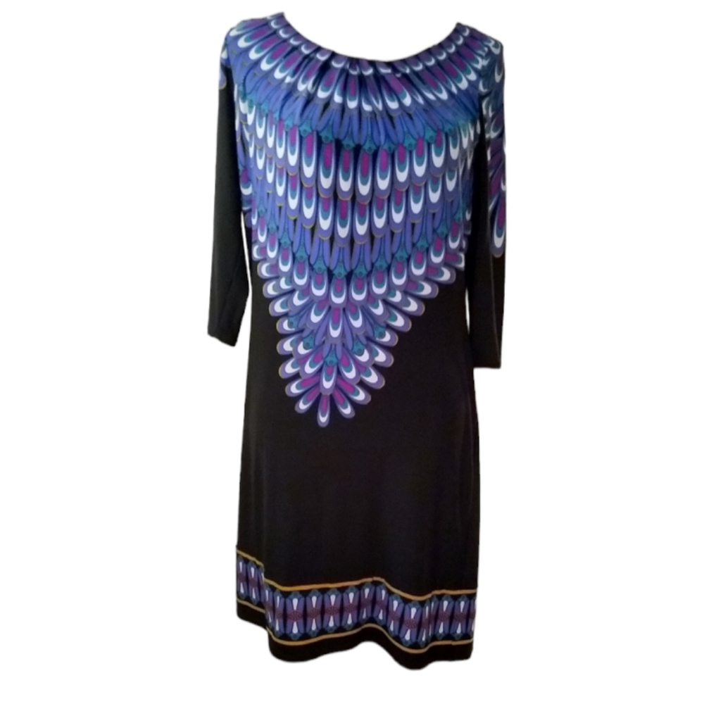 Peacock sheath dress; black and blue. Size 8 Dress Barn